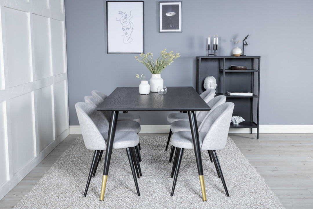 Venture Home Dipp Dining Table - 180*90cm - Black / Black Brass+Velvet Dining Chiar - Black legs - Light GreyFabric_6