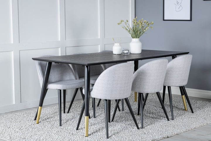 Venture Home Dipp Dining Table - 180*90cm - Black / Black Brass+Velvet Dining Chiar - Black legs - Light GreyFabric_6
