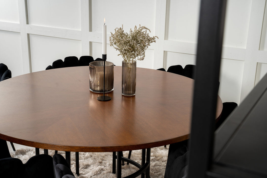 Venture Home Copenhagen - Dining Table round - Brown / Black+Limhamn - Chair - Black Velvet_6