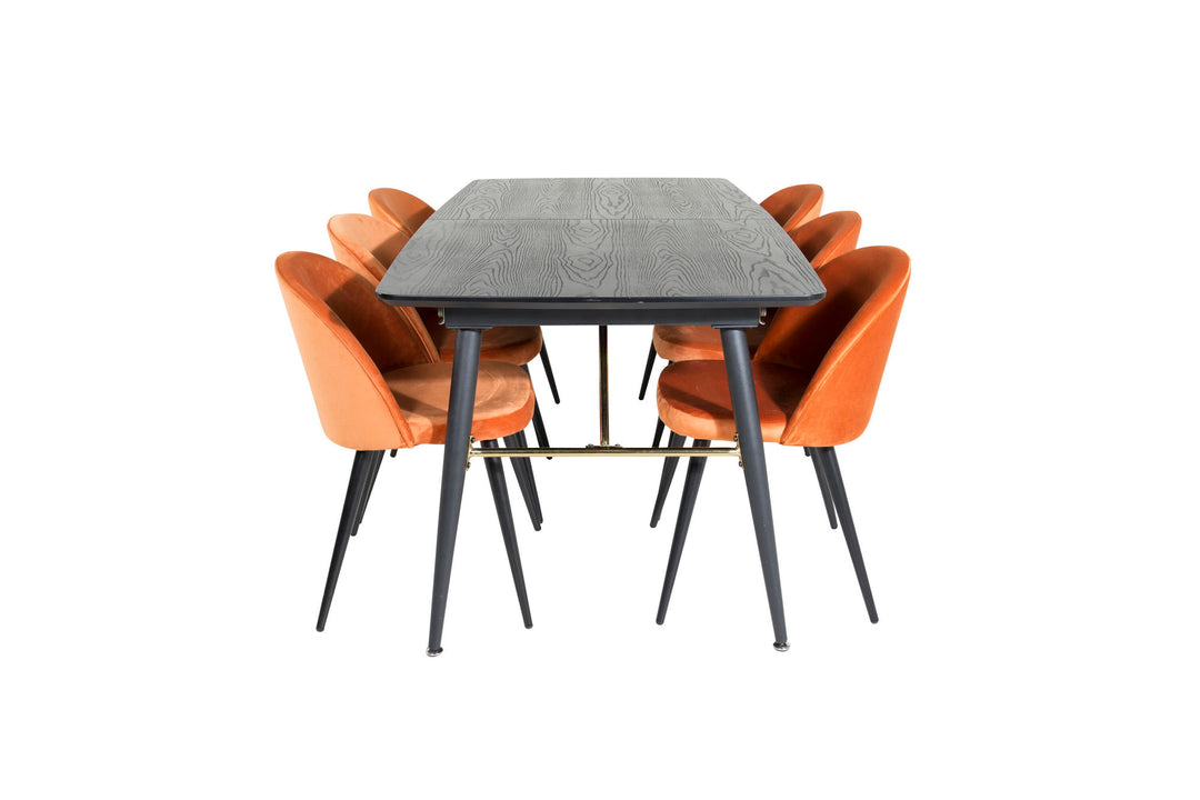 Venture Home Gold Extention table - 180/220*85*H76 Black Veneer - Black legs - Brass details+Velvet Dining Chair - Orange / Black_6