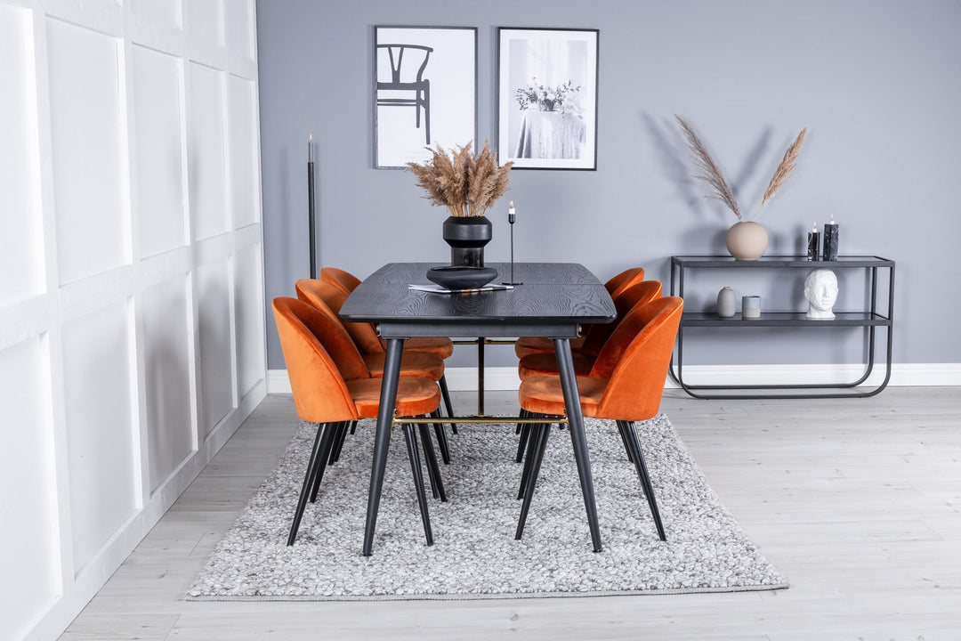 Venture Home Gold Extention table - 180/220*85*H76 Black Veneer - Black legs - Brass details+Velvet Dining Chair - Orange / Black_6