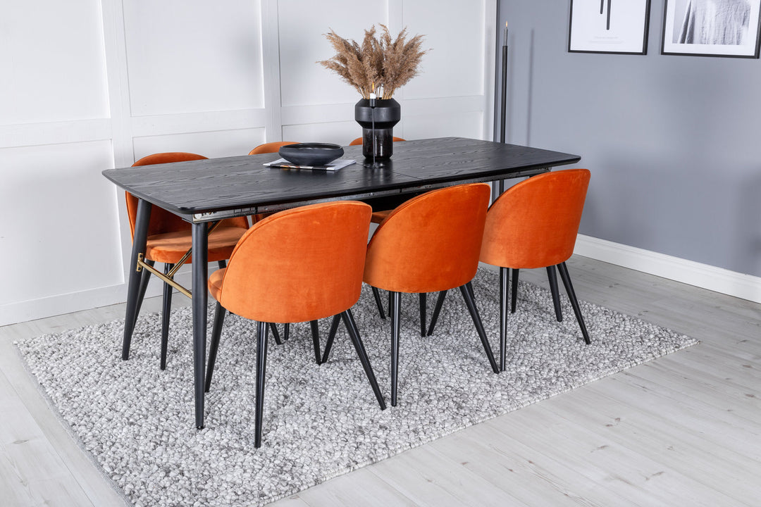 Venture Home Gold Extention table - 180/220*85*H76 Black Veneer - Black legs - Brass details+Velvet Dining Chair - Orange / Black_6