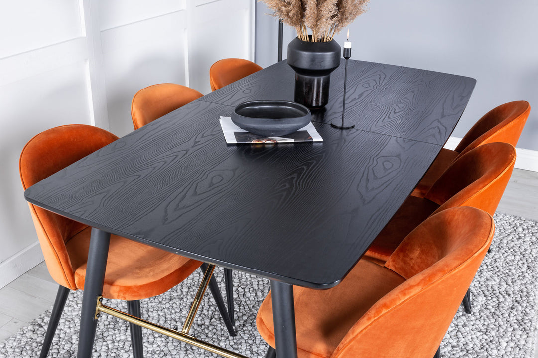 Venture Home Gold Extention table - 180/220*85*H76 Black Veneer - Black legs - Brass details+Velvet Dining Chair - Orange / Black_6