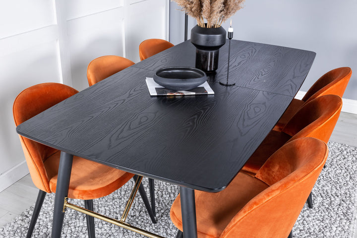 Venture Home Gold Extention table - 180/220*85*H76 Black Veneer - Black legs - Brass details+Velvet Dining Chair - Orange / Black_6