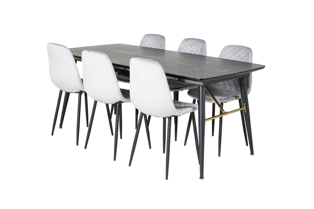 Venture Home Gold Extention table - 180/220*85*H76 Black Veneer - Black legs - Brass details+Polar Diamond Dining Chair - Black Legs - Grey Velvet_6