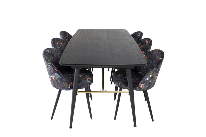 Venture Home Gold Extention table - 180/220*85*H76 Black Veneer - Black legs - Brass details+Velvet Dining Chair - Black Flower fabric_6
