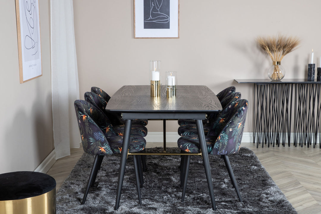 Venture Home Gold Extention table - 180/220*85*H76 Black Veneer - Black legs - Brass details+Velvet Dining Chair - Black Flower fabric_6