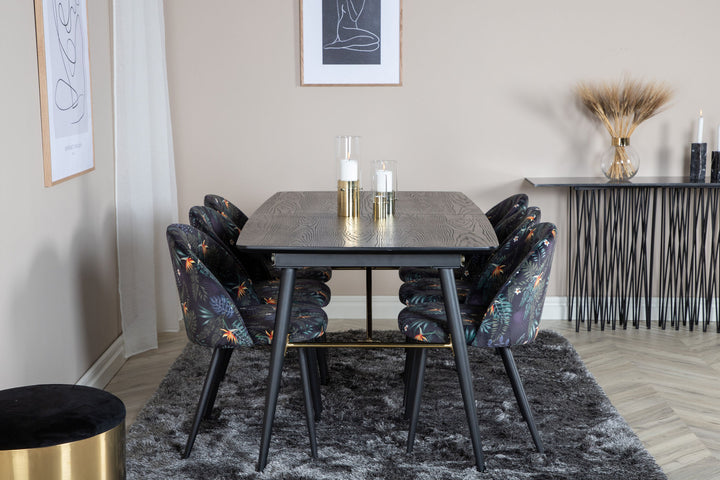 Venture Home Gold Extention table - 180/220*85*H76 Black Veneer - Black legs - Brass details+Velvet Dining Chair - Black Flower fabric_6