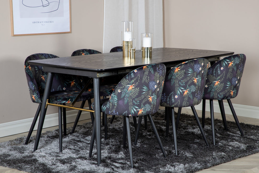 Venture Home Gold Extention table - 180/220*85*H76 Black Veneer - Black legs - Brass details+Velvet Dining Chair - Black Flower fabric_6