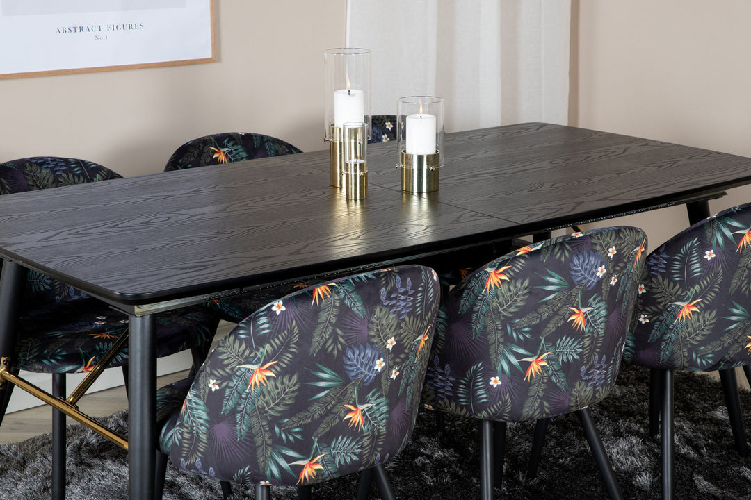 Venture Home Gold Extention table - 180/220*85*H76 Black Veneer - Black legs - Brass details+Velvet Dining Chair - Black Flower fabric_6