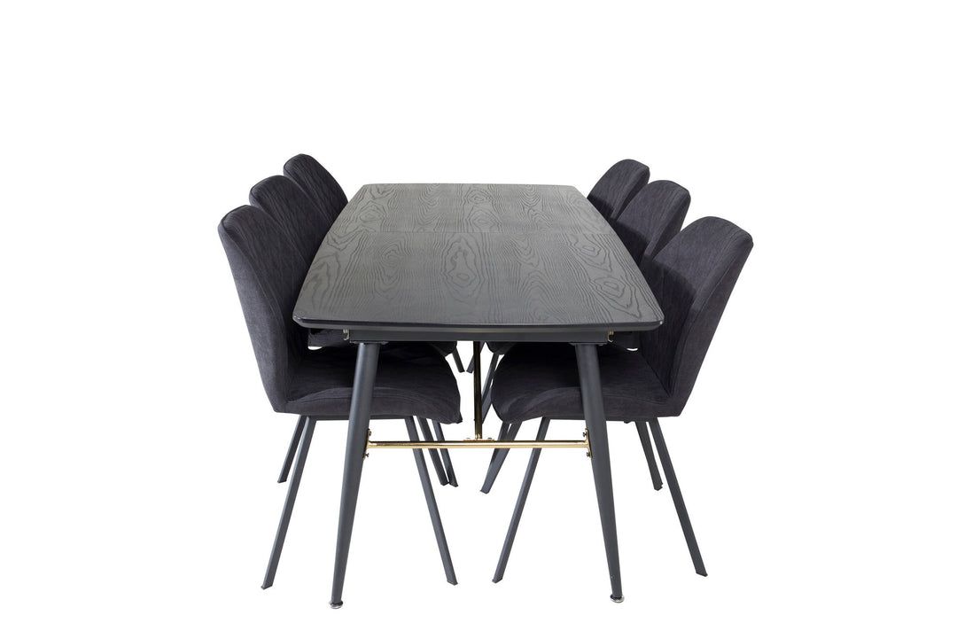 Venture Home Gold Extention table - 180/220*85*H76 Black Veneer - Black legs - Brass details+Gemma Dining Chair - Black Legs - Black Fabric_6