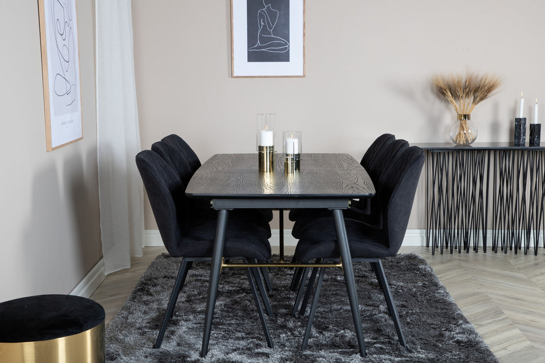 Venture Home Gold Extention table - 180/220*85*H76 Black Veneer - Black legs - Brass details+Gemma Dining Chair - Black Legs - Black Fabric_6