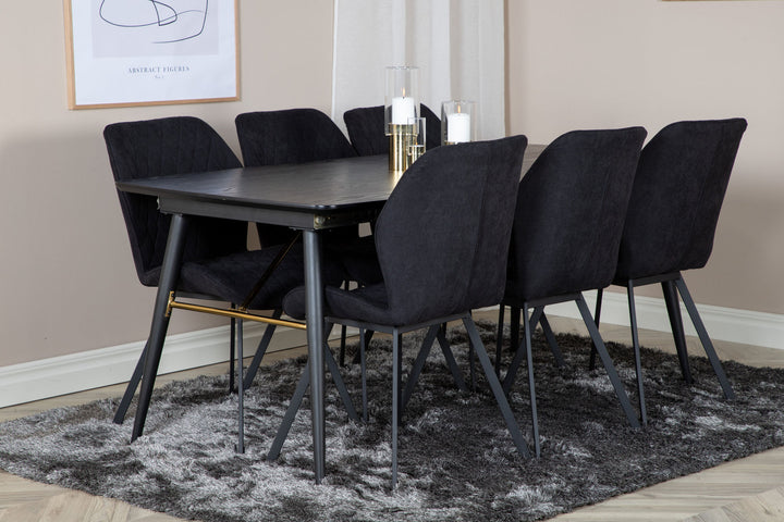 Venture Home Gold Extention table - 180/220*85*H76 Black Veneer - Black legs - Brass details+Gemma Dining Chair - Black Legs - Black Fabric_6