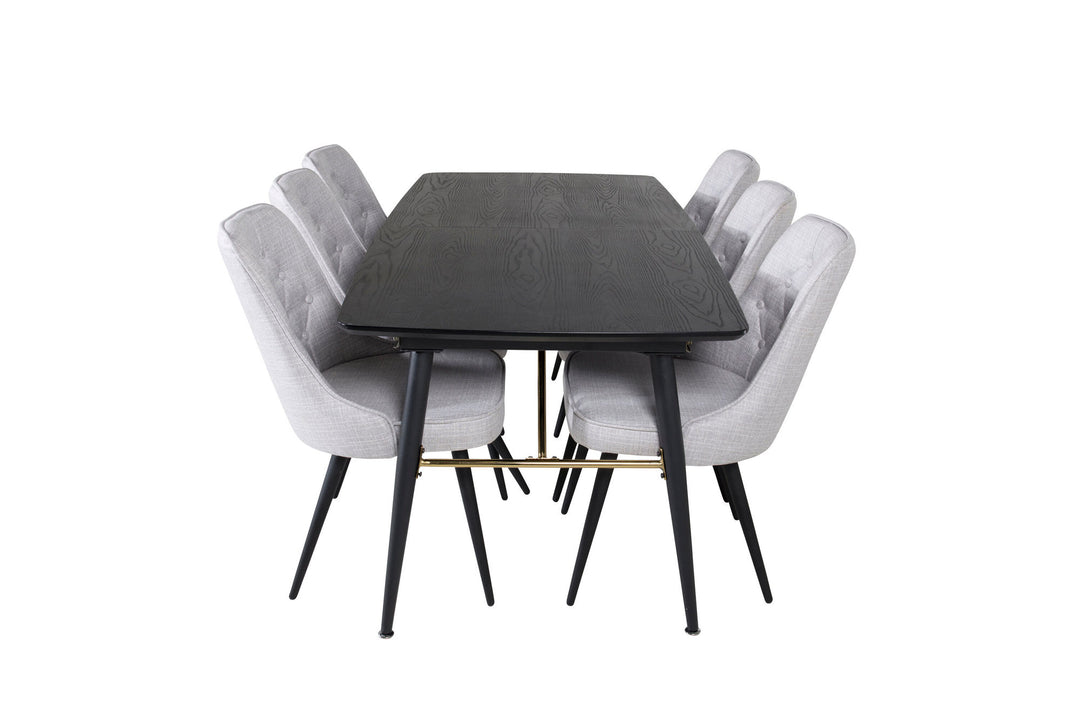 Venture Home Gold Extention table - 180/220*85*H76 Black Veneer - Black legs - Brass details+Velvet Deluxe Dining Chair - Black Legs - Light Grey Fabric_6