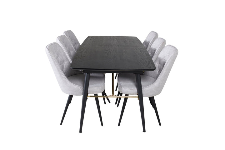 Venture Home Gold Extention table - 180/220*85*H76 Black Veneer - Black legs - Brass details+Velvet Deluxe Dining Chair - Black Legs - Light Grey Fabric_6
