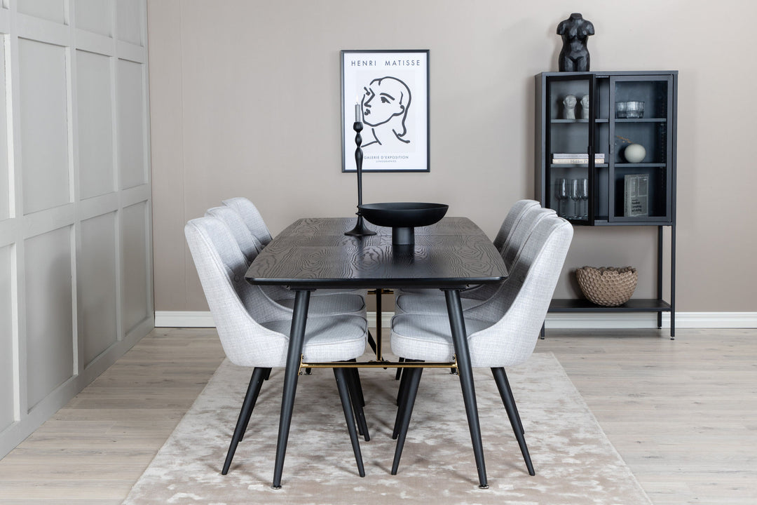 Venture Home Gold Extention table - 180/220*85*H76 Black Veneer - Black legs - Brass details+Velvet Deluxe Dining Chair - Black Legs - Light Grey Fabric_6
