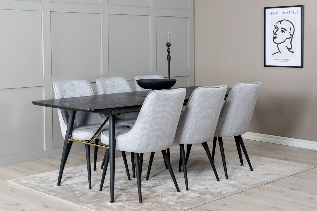 Venture Home Gold Extention table - 180/220*85*H76 Black Veneer - Black legs - Brass details+Velvet Deluxe Dining Chair - Black Legs - Light Grey Fabric_6