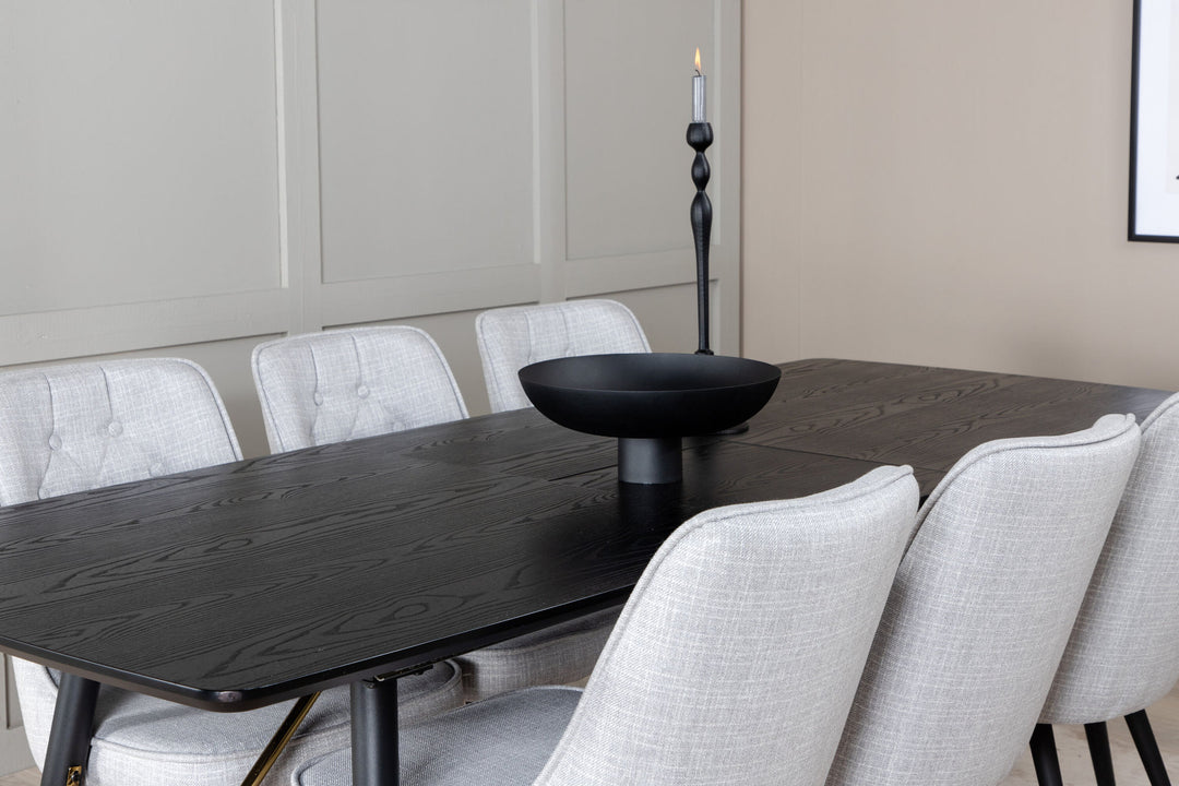 Venture Home Gold Extention table - 180/220*85*H76 Black Veneer - Black legs - Brass details+Velvet Deluxe Dining Chair - Black Legs - Light Grey Fabric_6