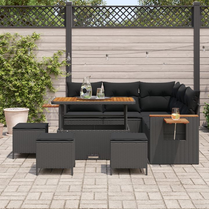 Havesofa Sæt med pude 10 pcs Sort polyrattan