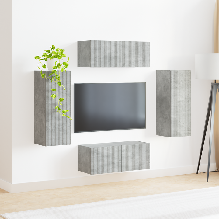 Tv vægskab sæt Vægmonteret 4 pcs Beton Grå Konstrueret træ