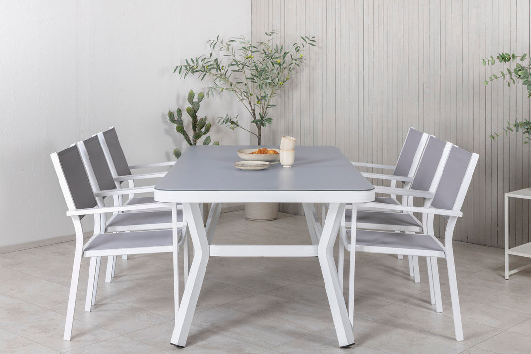 Venture Home Virya Dining Table - White Alu / Grey Glass - big table+Copacabana Stacking Chair - White/Grey_6