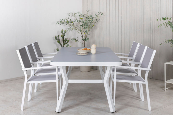Venture Home Virya Dining Table - White Alu / Grey Glass - big table+Copacabana Stacking Chair - White/Grey_6