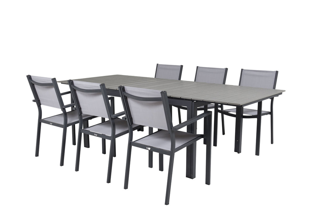 Venture Home Levels Dining Table 160/240*90 - Black Alu / Grey Aintwood +Copacabana Arm Chair (stackable) - Black Alu / Grey Textilene_6