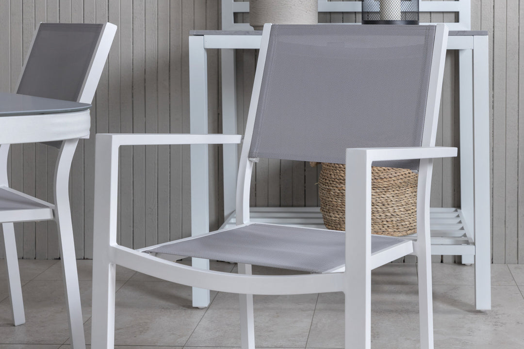 Venture Home Virya Dining Table - White Alu / Grey Glass - small table+Copacabana Stacking Chair - White/Grey_4