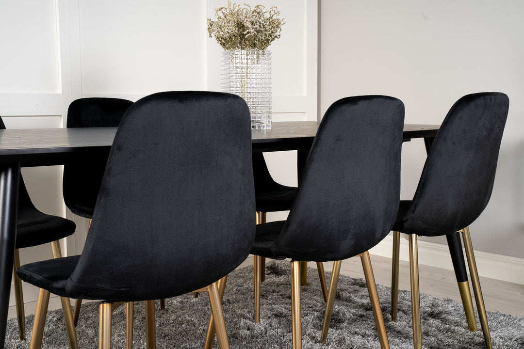 Venture Home Dipp Dining Table - 180*90cm - Black Veneer / black legs w brass dipp +Polar Matstol - Matt Mässing / Svart Sammet_6