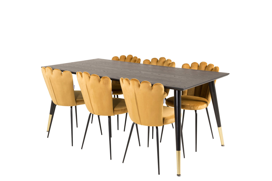 Venture Home Dipp Dining Table - 180*90cm - Black Veneer / black legs w brass dipp +Limhamn Light - Chair - Gold Velvet_6