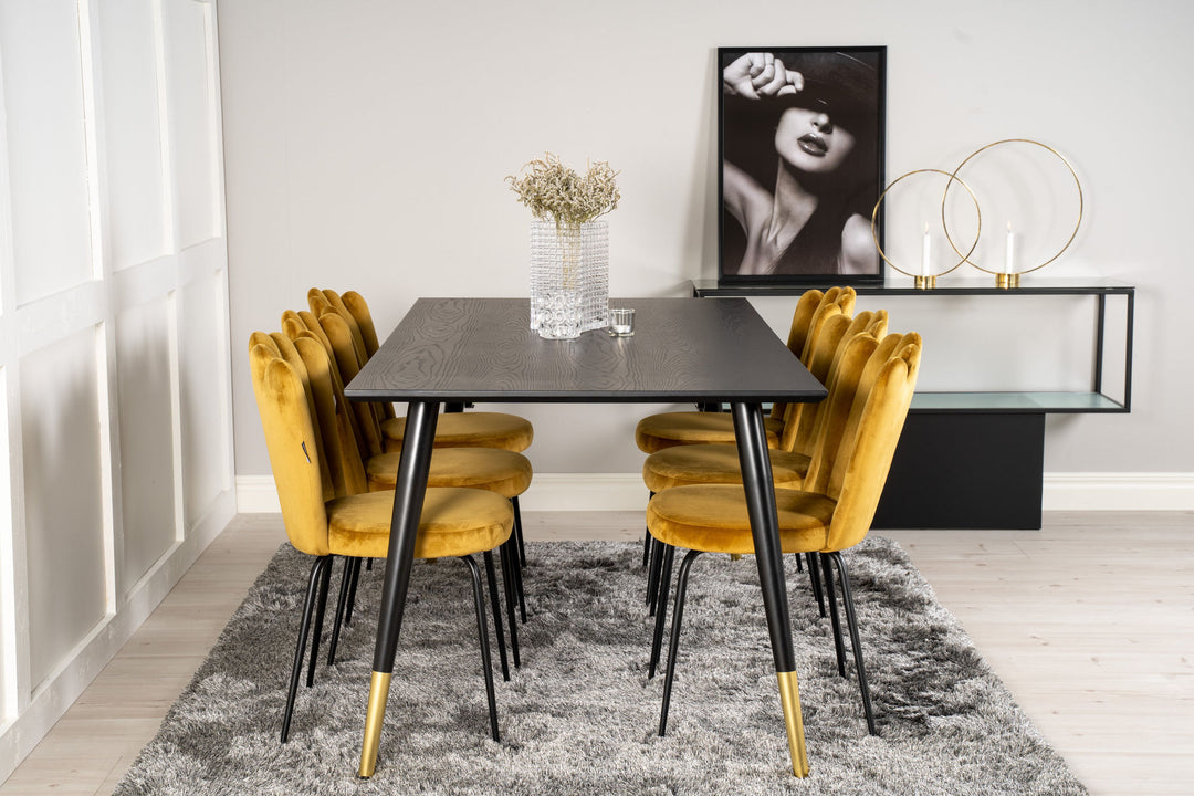 Venture Home Dipp Dining Table - 180*90cm - Black Veneer / black legs w brass dipp +Limhamn Light - Chair - Gold Velvet_6