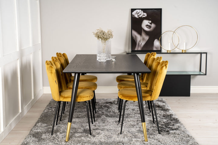 Venture Home Dipp Dining Table - 180*90cm - Black Veneer / black legs w brass dipp +Limhamn Light - Chair - Gold Velvet_6