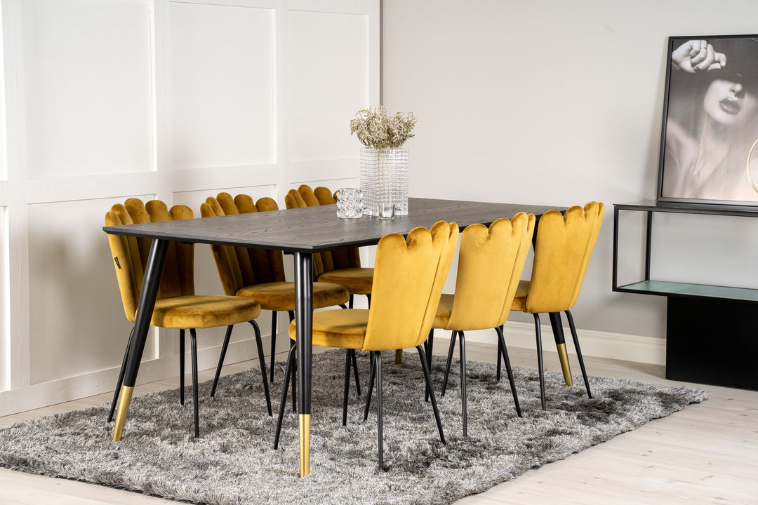 Venture Home Dipp Dining Table - 180*90cm - Black Veneer / black legs w brass dipp +Limhamn Light - Chair - Gold Velvet_6