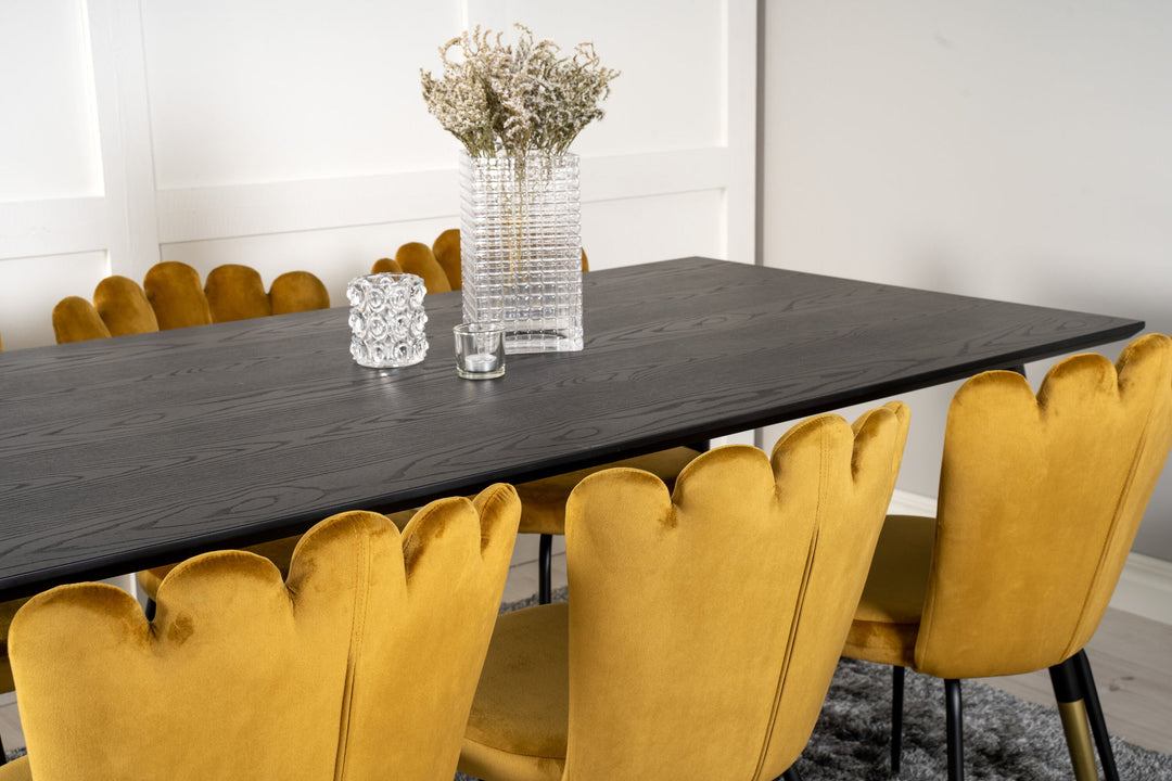 Venture Home Dipp Dining Table - 180*90cm - Black Veneer / black legs w brass dipp +Limhamn Light - Chair - Gold Velvet_6