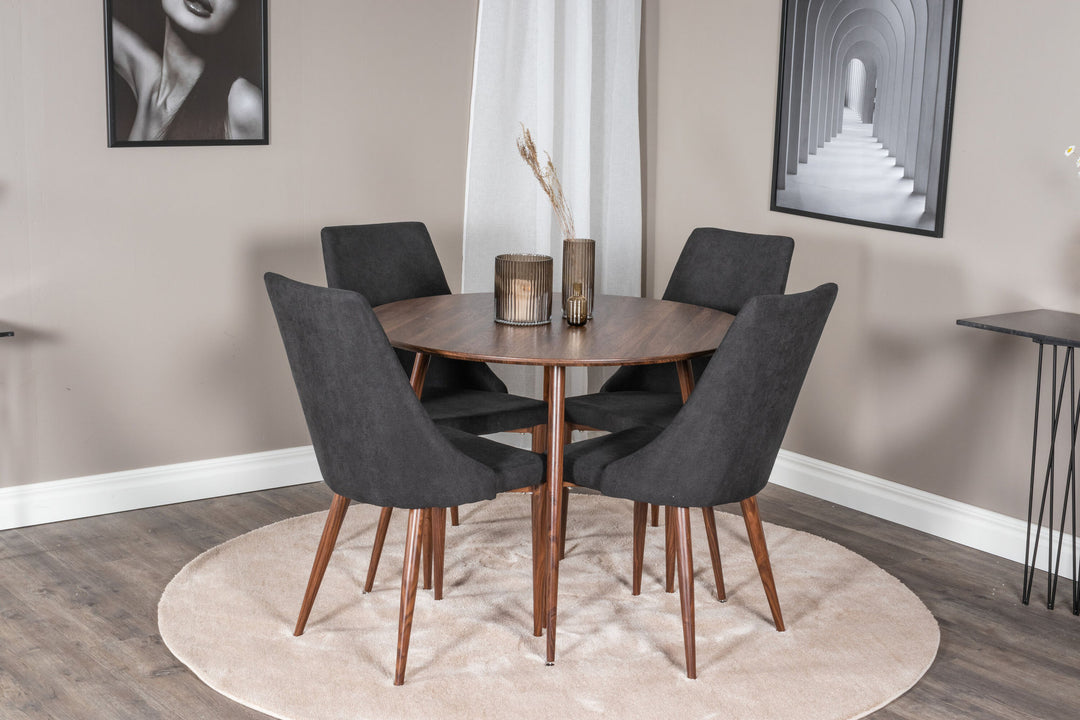 Venture Home Plaza Round table 100 cm - Walnut top - Walnut legs+Leone Dining Chair - Walnut legs - Black Fabric_4