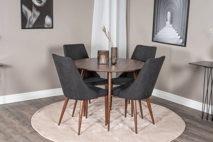 Venture Home Plaza Round table 100 cm - Walnut top - Walnut legs+Leone Dining Chair - Walnut legs - Black Fabric_4