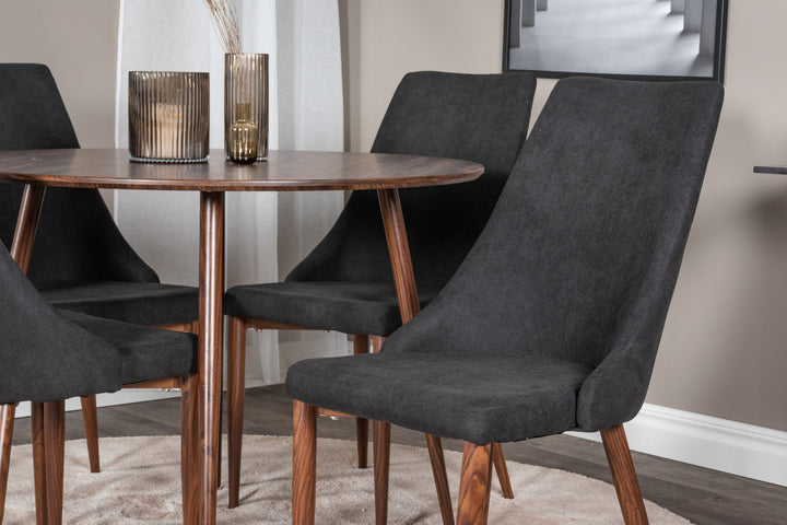 Venture Home Plaza Round table 100 cm - Walnut top - Walnut legs+Leone Dining Chair - Walnut legs - Black Fabric_4