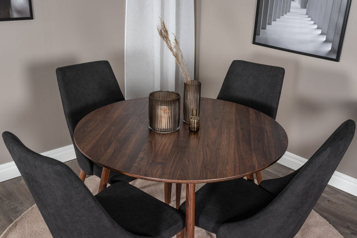 Venture Home Plaza Round table 100 cm - Walnut top - Walnut legs+Leone Dining Chair - Walnut legs - Black Fabric_4