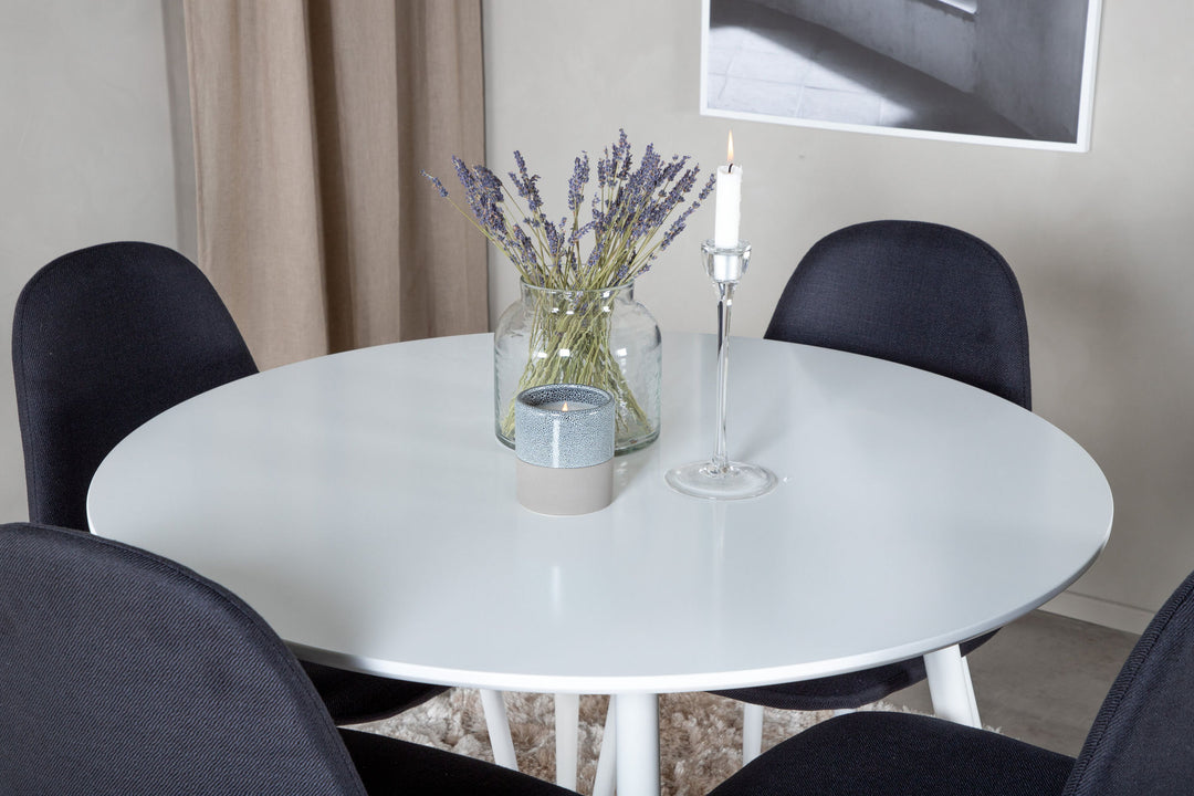 Venture Home Plaza Round Table 100 cm - White top / White Legs+Polar Dining Chair - White Legs - Black Fabric_4