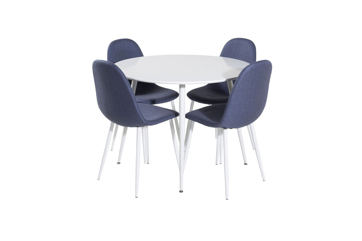 Venture Home Plaza Round Table 100 cm - White top / White Legs+Polar Dining Chair - White Legs - Blue Fabric_4