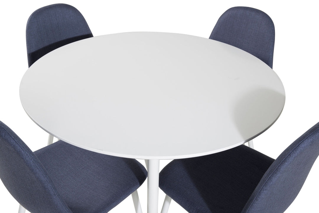 Venture Home Plaza Round Table 100 cm - White top / White Legs+Polar Dining Chair - White Legs - Blue Fabric_4