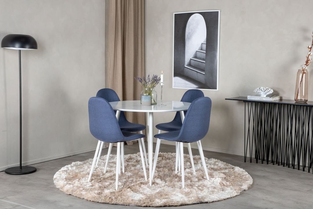 Venture Home Plaza Round Table 100 cm - White top / White Legs+Polar Dining Chair - White Legs - Blue Fabric_4