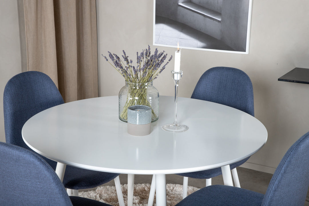 Venture Home Plaza Round Table 100 cm - White top / White Legs+Polar Dining Chair - White Legs - Blue Fabric_4