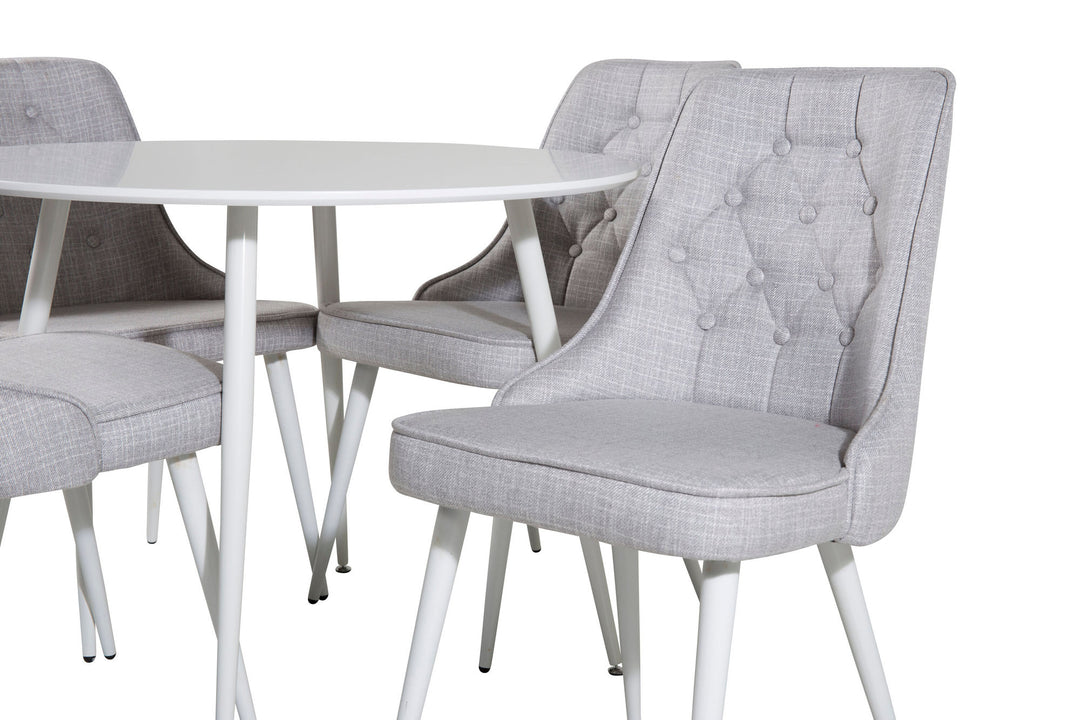 Venture Home Plaza Round Table 100 cm - White top / White Legs+Velvet Deluxe Dining Chair - White Legs - Light Grey Fabric_4