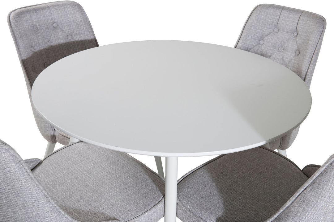 Venture Home Plaza Round Table 100 cm - White top / White Legs+Velvet Deluxe Dining Chair - White Legs - Light Grey Fabric_4