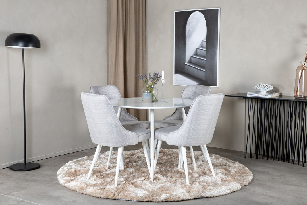 Venture Home Plaza Round Table 100 cm - White top / White Legs+Velvet Deluxe Dining Chair - White Legs - Light Grey Fabric_4