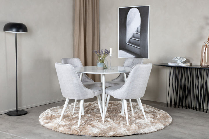 Venture Home Plaza Round Table 100 cm - White top / White Legs+Velvet Deluxe Dining Chair - White Legs - Light Grey Fabric_4