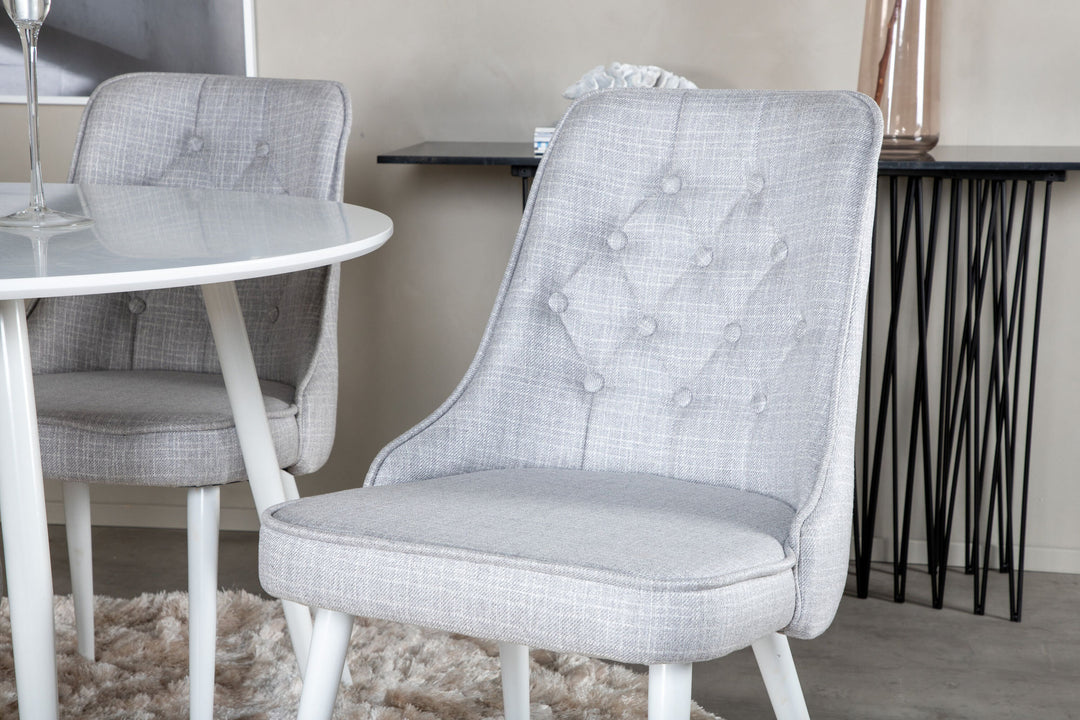 Venture Home Plaza Round Table 100 cm - White top / White Legs+Velvet Deluxe Dining Chair - White Legs - Light Grey Fabric_4