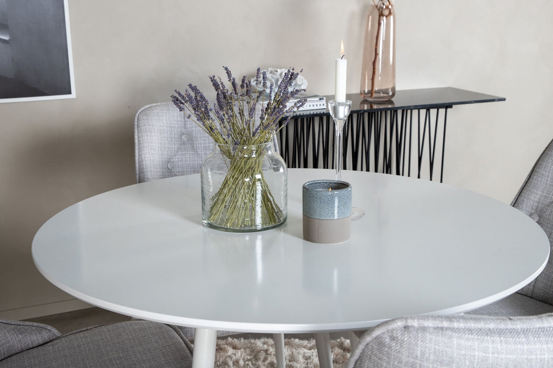 Venture Home Plaza Round Table 100 cm - White top / White Legs+Velvet Deluxe Dining Chair - White Legs - Light Grey Fabric_4