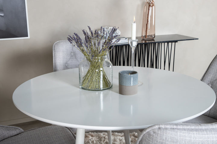 Venture Home Plaza Round Table 100 cm - White top / White Legs+Velvet Deluxe Dining Chair - White Legs - Light Grey Fabric_4